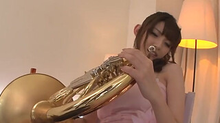 Leering Kanako Iioka fucked with horn by a fan
