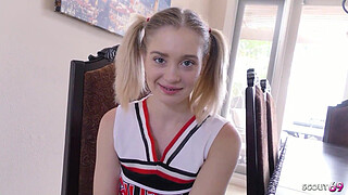 Cute Pigtails Cheerleader Teen with Braces give RImjob and get Fucked while play with Hitachi by older Guy