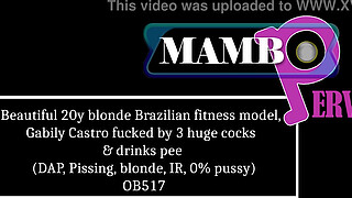Beautiful 20y blonde Brazilian fitness model, Gabily Castro fucked by 3 huge cocks & drinks p1e (DAP, Dry version, blonde, interracial, 0% pussy) OB517