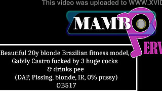 Beautiful 20y blonde Brazilian fitness model, Gabily Castro fucked by 3 huge cocks & drinks pee (DAP, Pissing, blonde, interracial, 0% pussy) OB517