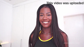 20 years Brazilian tall ebony hottie with perfect breasts, Jenny Pretinha gets fucked 2 white cocks (DAP, Anal, farting, ...