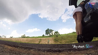 Bitch in a short skirt and no panties, opening the trunk of the car on the highway, Thay Ksada