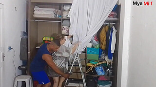 Stepson fucks stepmother on the stairs