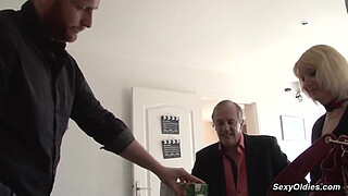 Hot blonde amateur French mature lady Anais in black leather mini skirt is brought to a country house and there gang bang anal fucked