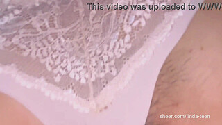 with her panties on side opening her tight pussy before her tennis match. She loves dick!