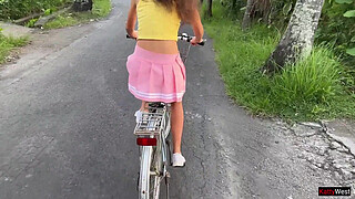 Cute teen 18 y.o. learns to ride a bike and a stranger's hard shaft - Creampie