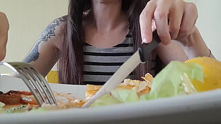 italian couple goes out for lunch then she gets fucked hard doggystyle with creampie