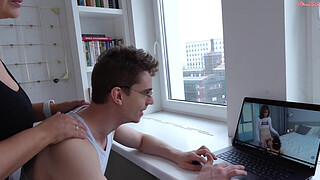 Happy guy jerking off to hardcore porn featuring me while simultaneously fucking me and cumming deep down my throat!