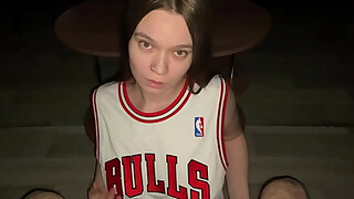 Good babe gives her stepdad a deep blowjob while kneeling. Cum on stepdaughter big natural tits