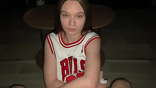 Good babe gives her stepdad a deep blowjob while kneeling. Cum on stepdaughter big natural tits