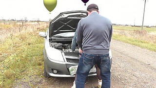 Sex in public. Sexy blonde Milf car broke down on highway. Random passerby helped fix it, then put my wife on the hood, fucked pussy doggy style and cum. Cumshot. Outdoor. Outside. Public fucked