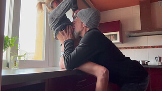 HORNY WIFE IN THE KITCHEN, WANTS ME TO SEASON HER RABBIT - PUSSY EATING AND DOGGYSTYLE, CUM INSIDE ME