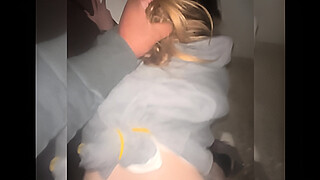 Cuck submits to master while his babe gets fucked in bathroom