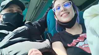 Blowjob and fucking with creampie in public service bus - BlakeProductions