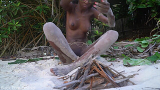 Skinny African tribe chick cooking medecin for her grandmother naked in forrest
