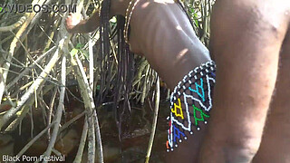 Hot skinny African village not even surprised to get fuck unexpectedly while she was bathing outdoor in the forrest