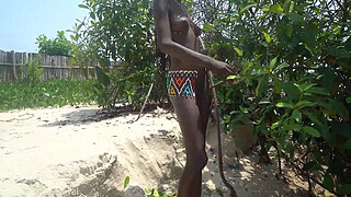 Hot skinny African village not even surprised to get fuck unexpectedly while she was bathing outdoor in the forrest