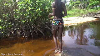 Hot skinny African village not even surprised to get fuck unexpectedly while she was bathing outdoor in the forrest