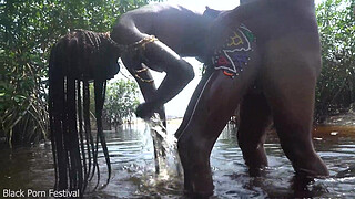 Hot skinny African village not even surprised to get fuck unexpectedly while she was bathing outdoor in the forrest