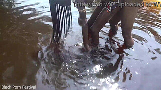 Hot skinny African village not even surprised to get fuck unexpectedly while she was bathing outdoor in the forrest