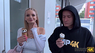 HUNT4K. Blonde chick Naomi Love is showing off her natural boobs and cheating on her BF in front of him