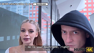 HUNT4K. Blonde chick Naomi Love is showing off her natural boobs and cheating on her BF in front of him