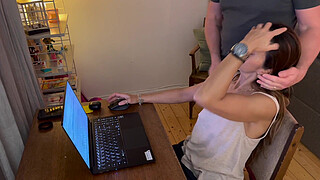 Wife tries to work but horny hubby interrupts her and makes her deepthroat and ends with a facial