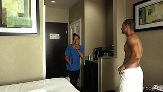 ROOM SERVICE! Slutty Latina maid Jolla fucks hotel guest and makes a mess in the room.
