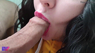 Sensual and detailed blowjob with red lips, close-up