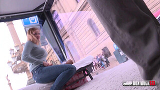 Slender blonde Candy Alexa first time fucking in public
