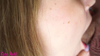 Sucking cock close-up, cum on tongue