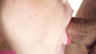 Sucking cock close-up, cum on tongue