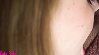 Sucking cock close-up, cum on tongue