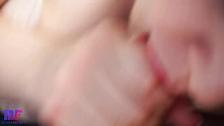 This girl gives the best blowjob with red lips, close-up