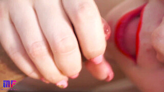 This girl gives the best blowjob with red lips, close-up