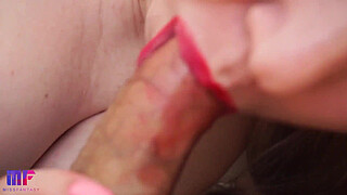 This girl gives the best blowjob with red lips, close-up