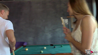 Small whore Lady Bug hard fucked on a pool table