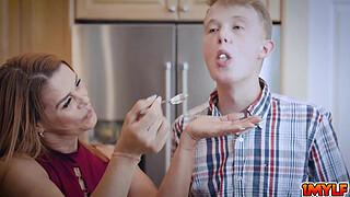 Bon Appétit! Mylf Juliett Russo serves nasty cum glazed chicken for dinner to herself and to her young stepson Jimmy Michaels!