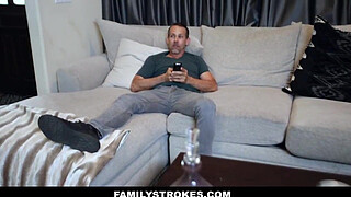 Sneaky stepdaughter fucks stepdad next to unaware stepmom