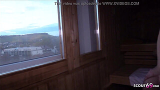 Skinny German Teen MaryHaze Cheating Fuck in Sauna While Friend Waiting Outside