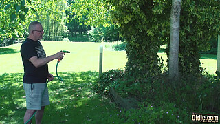 Deepthroat blowjob and cum in mouth for skinny nympho from frisky old man