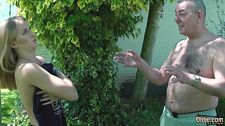 Deepthroat blowjob and cum in mouth for skinny nympho from frisky old man