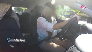 Hot wife Thay Ksada showing off in the car for a stranger and letting him touch her, with English subtitles