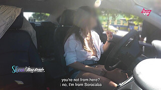 Hot wife Thay Ksada showing off in the car for a stranger and letting him touch her, with English subtitles