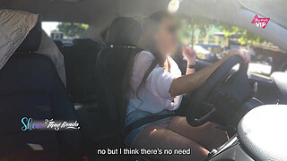 Hot wife Thay Ksada showing off in the car for a stranger and letting him touch her, with English subtitles