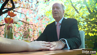 Young blonde moaning fucking an old man she swallows his cumshot