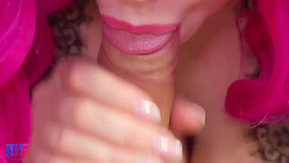 Sensual blowjob, pink lips, dripping cum