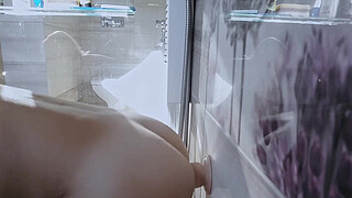 Fuck wall mounted huge dildo in shower