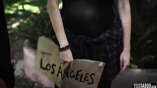 Naive and cute runaway blonde teen gets double fucked