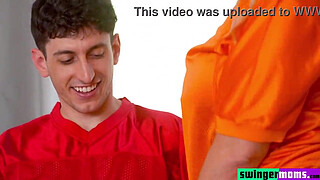 Horny stepmothers exchange their stepsons' cocks to enjoy the pleasure of their wet and hot pussies until they cum and swallow.